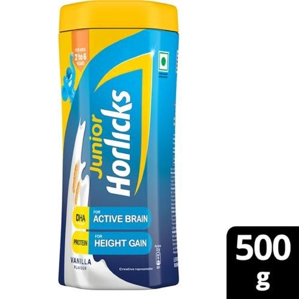 Junior Horlicks Health & Nutrition Drink Vanilla, Children's health drink for overall growth | Health drink for kids 2 to 6 years Vanilla Flavour - 500g(Jar)