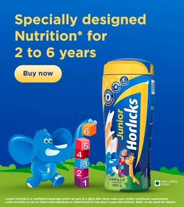 Junior Horlicks Health & Nutrition Drink,  Children's health drink for overall growth, Health drink for kids 2 to 6 years Chocolate Flavour  - 500g(Jar)