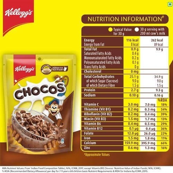 Kellogg's Chocos, with Protein & Fibre of 1 Roti* in Each Bowl**, High in Calcium & Protein, with 10 Essential Vitamins & Minerals, Breakfast Cereals  - 250g