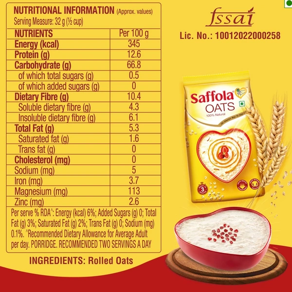 Saffola Oats | Rolled Oats | Delicious Creamy Oats | 100% Natural | High Protein & Fibre | Healthy Cereal for weight loss |  - 1kg With 300g Free