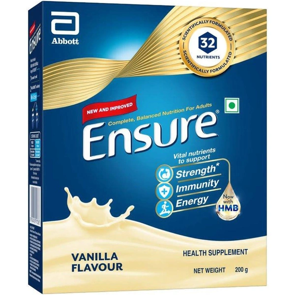 Ensure Complete, Balanced Nutrition Drink For Adults| Now With A Special Ingredient HMB And 32 Essential Nutrients To Help Build & Protect Muscle Strength Vanilla Flavour Box - 200g