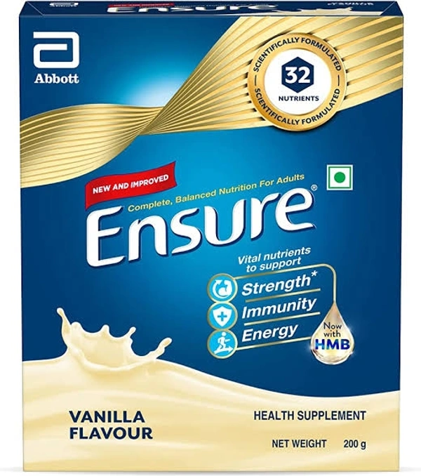 Ensure Complete, Balanced Nutrition Drink For Adults| Now With A Special Ingredient HMB And 32 Essential Nutrients To Help Build & Protect Muscle Strength Vanilla Flavour Box - 200g