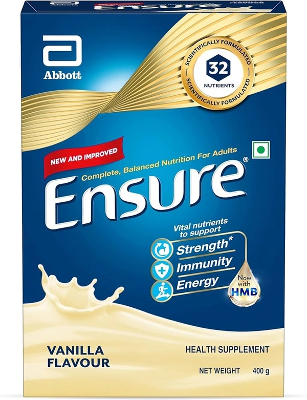 Ensure Complete, Balanced Nutrition Drink For Adults| Now With A Special Ingredient HMB And 32 Essential Nutrients To Help Build & Protect Muscle Strength Vanilla Flavour Box - 400g