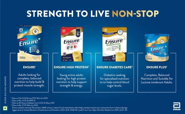 Ensure Complete, Balanced Nutrition Drink For Adults| Now With A Special Ingredient HMB And 32 Essential Nutrients To Help Build & Protect Muscle Strength Vanilla Flavour Box - 400g