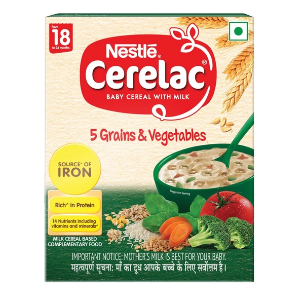 Nestle Cerelac Baby Cereal with Milk , 5 Grains & Vegetables ,Stage 5, From 18 to 24 Months , Source of Iron & Protein - 300g