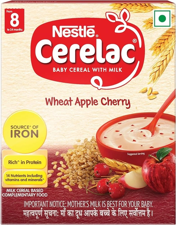 Nestle Cerelac Baby Cereal with Milk , Wheat Apple Cherry ,Stage 2, From 8 to 24 Months , Source of Iron & Protein - 300g