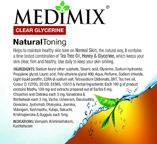 Medimix Clear Glycerine | Natural Toning | Tea Tree Oil & Honey Soap - 100g