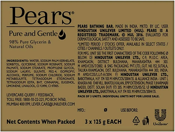 Pears Pure & Gentle With Natural Oils Soap - Value Pack Of 3 Bathing Bars