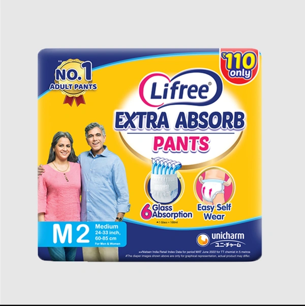 Lifree Extra Absorb| Adult Diaper Pants | Medium Size M2|24-33inch,60-85cm | For Men & Women - 2 Pants