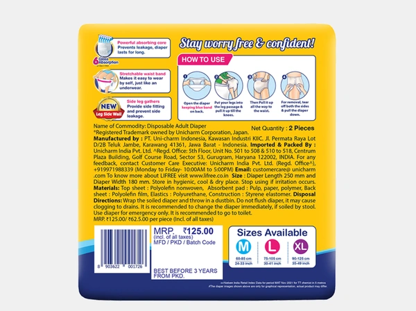 Lifree Extra Absorb| Adult Diaper Pants | Extra Large Size L2|35-49inch,90-125cm | For Men & Women - 2 Pants