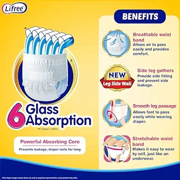Lifree Extra Absorb| Adult Diaper Pants | Extra Large Size L2|35-49inch,90-125cm | For Men & Women - 2 Pants