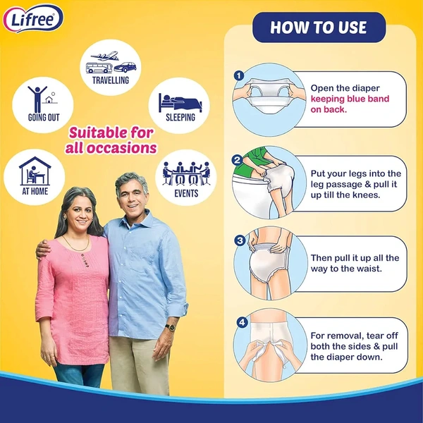 Lifree Extra Absorb| Adult Diaper Pants | Extra Large Size L2|35-49inch,90-125cm | For Men & Women - 2 Pants