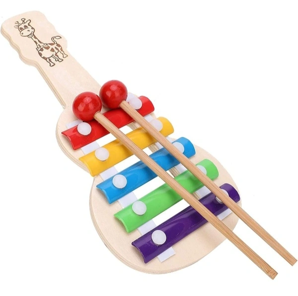 Handmade Wooden Guitar Shaped 5Note Xylophone Musical Toy For Kids To Learn Music - Free Size
