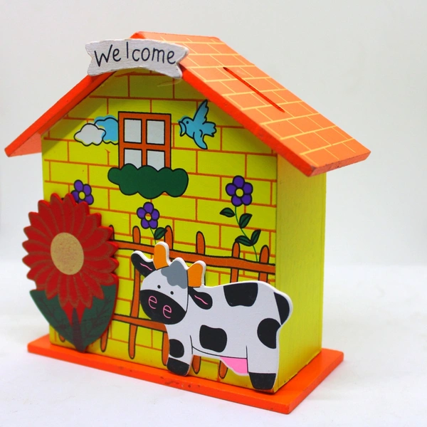 Wooden Handmade Home Shaped Money Bank For Kids Piggy Bank Coin Collection Toy - Free Size