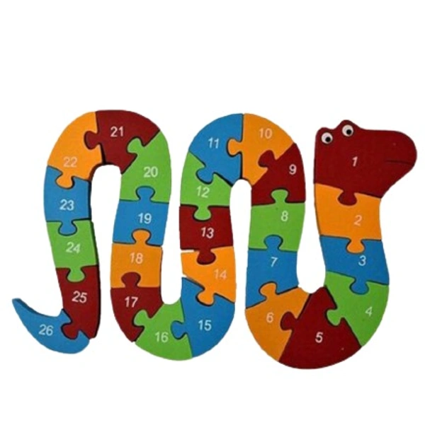 Wooden Snake Shaped Puzzle 3D- 26 Letter Alphabet Learning Block Puzzle for Nursery Kids with (A-Z) and (1-26) Boys and Girls(Snake) - Free Size