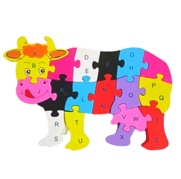 Wooden Cow Shaped Puzzle 3D- 26 Letter Alphabet Learning Block Puzzle for Nursery Kids with (A-Z) and (1-26) Boys and Girls(Cow) - Free Size