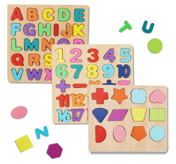 Wooden Learning Educational Board for Kids, Puzzle Toys for 2 Years Old Boys & Girls (Alphabets, Numbers & Shapes) (ABC, Numbers & Shapes) - Free Size, 20x20x5