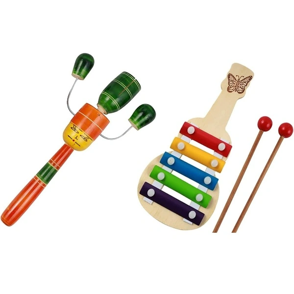 Wooden Handmade 5note Xylophone and Tik Tik Rattle For Kids and Infants - Non-Toxic Color Finished, 10x10x10