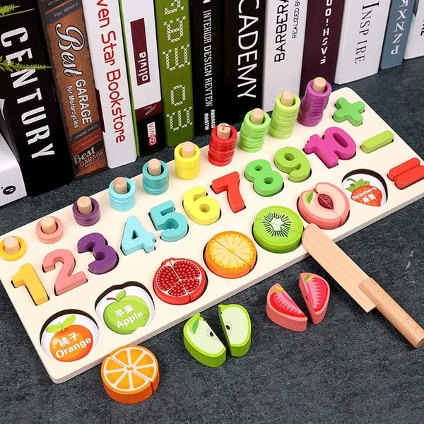Wooden Fruit Cutting Blocks Puzzle Board Set for Toddler Preschool Kids, Numbers Matching Digit AI Shape Color Match Early Education Math Shapes Puzzle for Babies Toys - 20x40x10