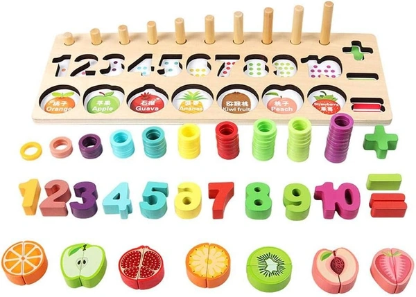 Wooden Fruit Cutting Blocks Puzzle Board Set for Toddler Preschool Kids, Numbers Matching Digit AI Shape Color Match Early Education Math Shapes Puzzle for Babies Toys - 20x40x10