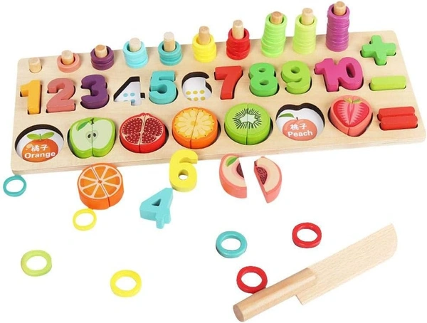 Wooden Fruit Cutting Blocks Puzzle Board Set for Toddler Preschool Kids, Numbers Matching Digit AI Shape Color Match Early Education Math Shapes Puzzle for Babies Toys - 20x40x10