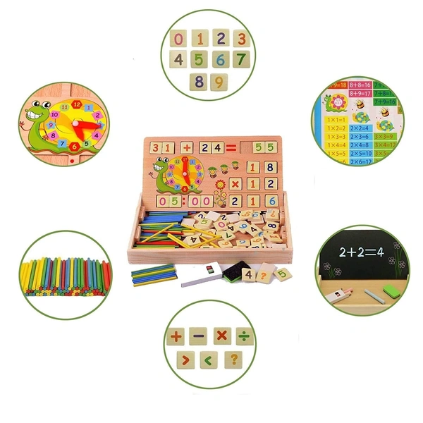 Wooden 2 in 1 Multi Functional Digital Computing Learning Blocks Box with Writing Board ,Sticks, Chalks,Clock Educational Toy for Kids Numbers Learning Toy for Boys, Girls & Children - 20x20x5