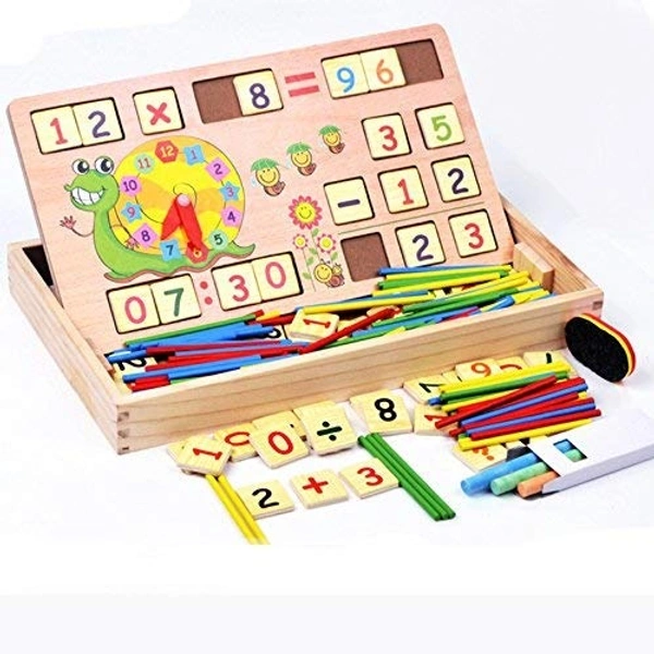 Wooden 2 in 1 Multi Functional Digital Computing Learning Blocks Box with Writing Board ,Sticks, Chalks,Clock Educational Toy for Kids Numbers Learning Toy for Boys, Girls & Children - 20x20x5