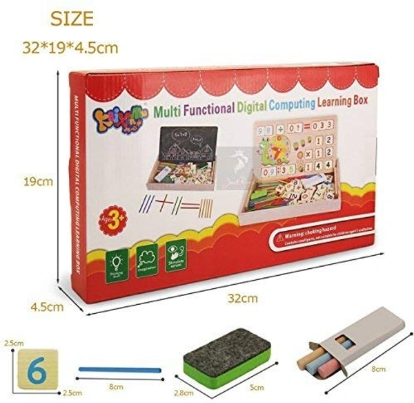 Wooden 2 in 1 Multi Functional Digital Computing Learning Blocks Box with Writing Board ,Sticks, Chalks,Clock Educational Toy for Kids Numbers Learning Toy for Boys, Girls & Children - 20x20x5