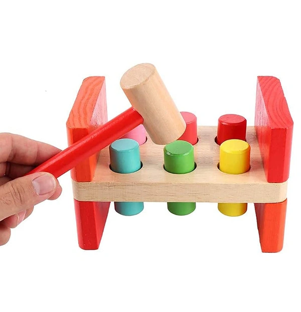 Pounding Bench Wooden Toy with Mallet, hammering Punch and Drop Instruments (Hammer Bench), 6 Peg Toy Pounding Bench Hammering Toy Set - 10x15x10
