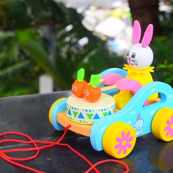 Wooden Musical Pull Along Toy Cute Rabbit Drumming Pull Along Car with Attached String - 10x10x10