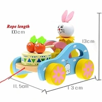 Wooden Musical Pull Along Toy Cute Rabbit Drumming Pull Along Car with Attached String - 10x10x10