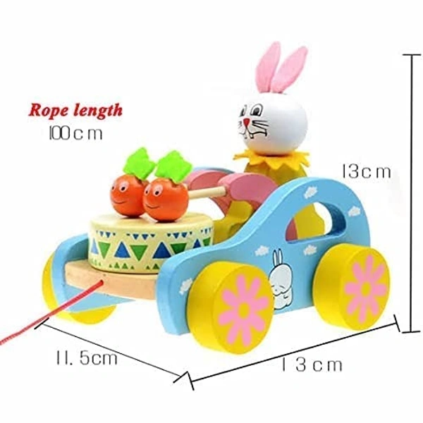 Wooden Musical Pull Along Toy Cute Rabbit Drumming Pull Along Car with Attached String - 10x10x10