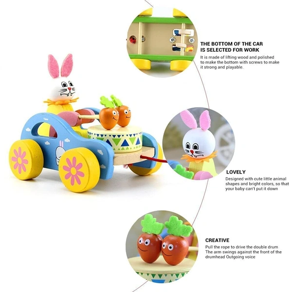 Wooden Musical Pull Along Toy Cute Rabbit Drumming Pull Along Car with Attached String - 10x10x10