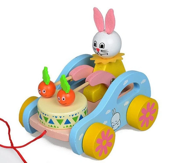 Wooden Musical Pull Along Toy Cute Rabbit Drumming Pull Along Car with Attached String - 10x10x10