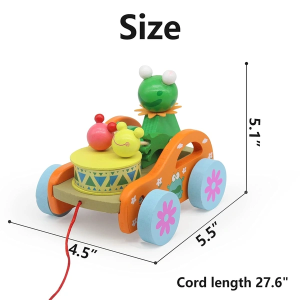Wooden Pull Along Frog Toy Car Walking Vehicles with Attached String for Toddlers Kids Multicolor - 10x10x10