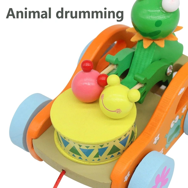 Wooden Pull Along Frog Toy Car Walking Vehicles with Attached String for Toddlers Kids Multicolor - 10x10x10