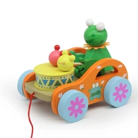 Wooden Pull Along Frog Toy Car Walking Vehicles with Attached String for Toddlers Kids Multicolor - 10x10x10