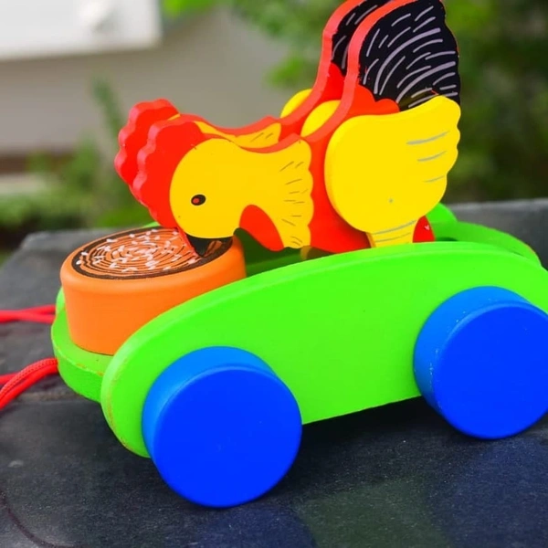 Wooden Musical Pull Along Toy Cute Chicken Drumming Pull Along Car with Attached String Pack of 1 - 10x10x10