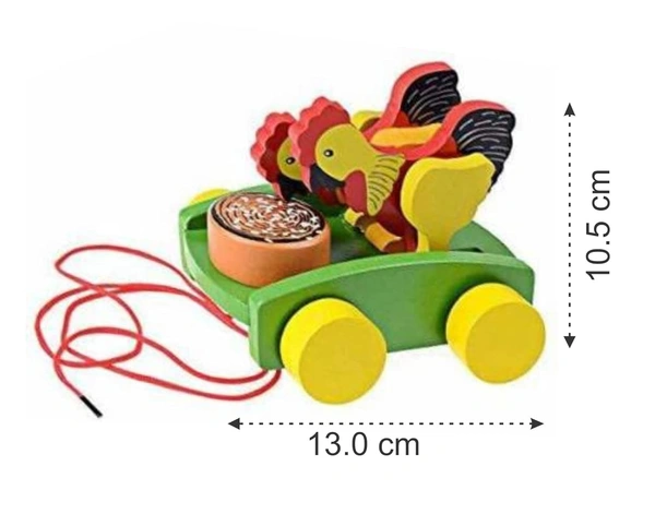 Wooden Musical Pull Along Toy Cute Chicken Drumming Pull Along Car with Attached String Pack of 1 - 10x10x10