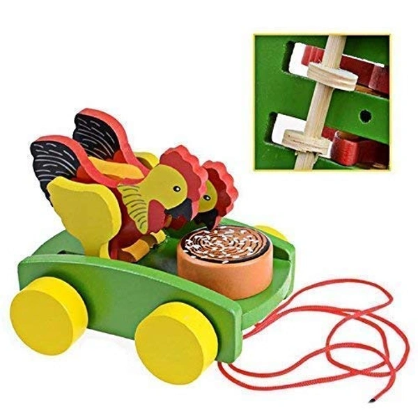 Wooden Musical Pull Along Toy Cute Chicken Drumming Pull Along Car with Attached String Pack of 1 - 10x10x10