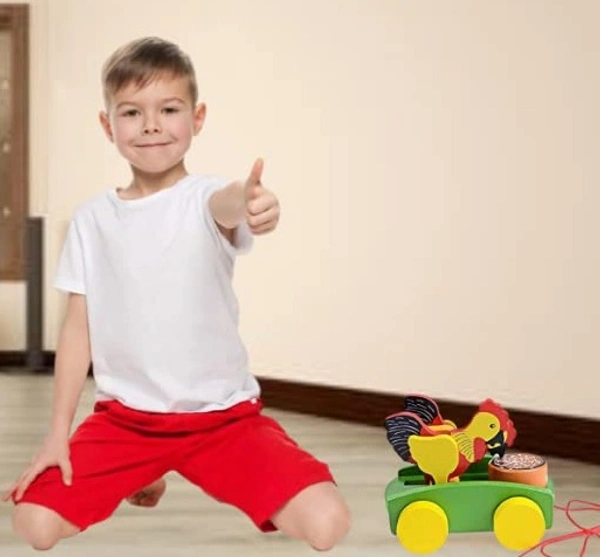 Wooden Musical Pull Along Toy Cute Chicken Drumming Pull Along Car with Attached String Pack of 1 - 10x10x10