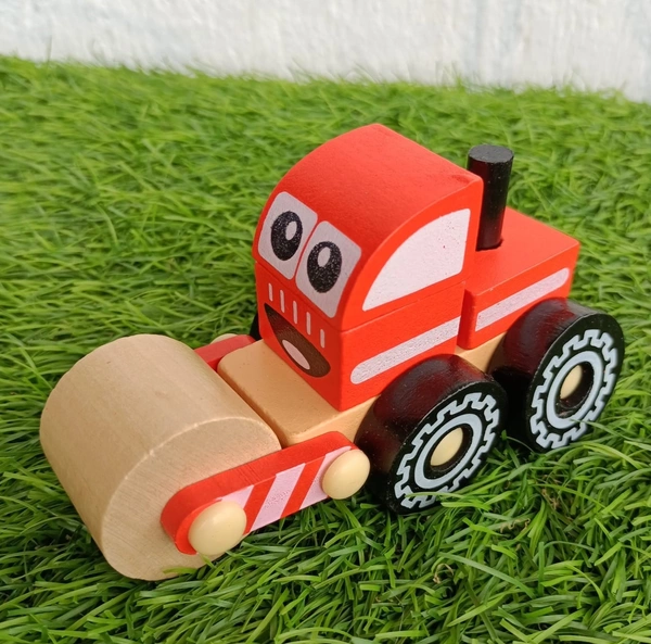 Road Roller Construction Truck Wooden Toy| Handmade| Hand Painted Push and Pull Vehicle Toy with Emoji face for Kids - 10x10x10