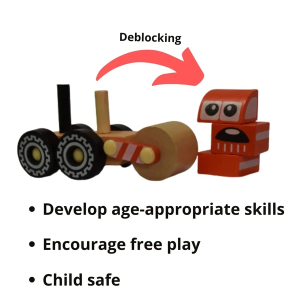 Road Roller Construction Truck Wooden Toy| Handmade| Hand Painted Push and Pull Vehicle Toy with Emoji face for Kids - 10x10x10