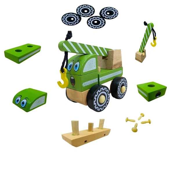 Wooden Construction Toy Crane Includes 5 Body Parts, 4 Screws and 4 Wheels, Construction Toys for Kids - 10x10x10