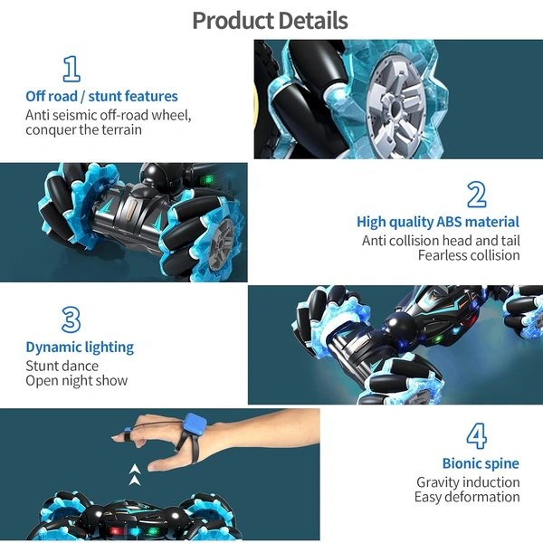 RC Stunt Car, 2.4GHz 4WD Remote Control Gesture Sensor Toy , Double Sided Rotating Off Road Vehicle 360° Flips with Lights Music, for Boys & Girls Birthday - 20x20x15