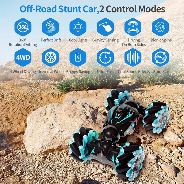 RC Stunt Car, 2.4GHz 4WD Remote Control Gesture Sensor Toy , Double Sided Rotating Off Road Vehicle 360° Flips with Lights Music, for Boys & Girls Birthday - 20x20x15