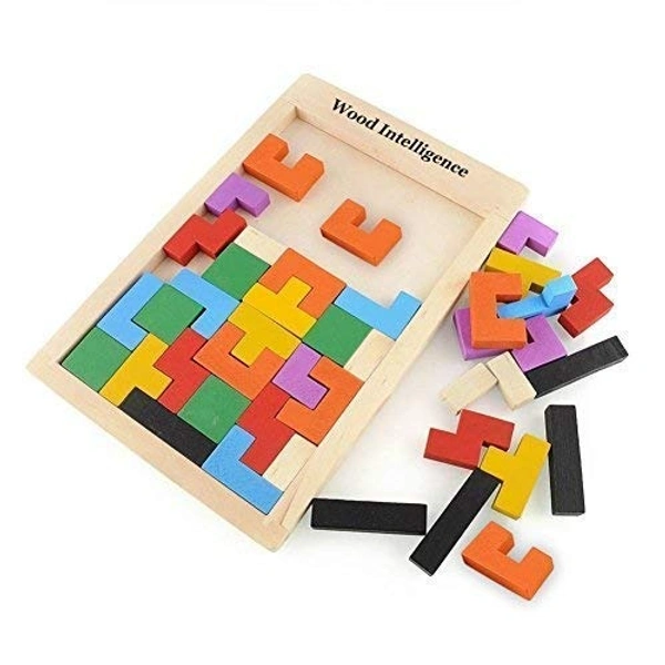 wooden shape sorting puzzle blocks educational toy to learn colours & shapes (wooden tetris jigsaw)- Multi color - 20x15x5