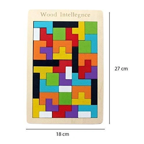 wooden shape sorting puzzle blocks educational toy to learn colours & shapes (wooden tetris jigsaw)- Multi color - 20x15x5