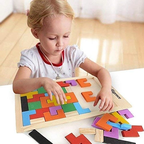wooden shape sorting puzzle blocks educational toy to learn colours & shapes (wooden tetris jigsaw)- Multi color - 20x15x5