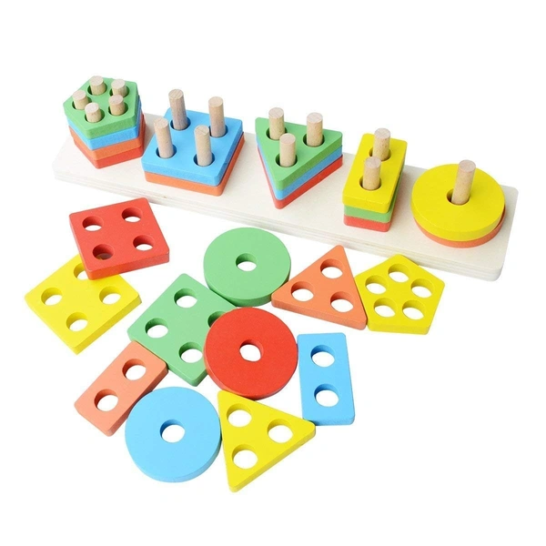 Wooden Angle Geometric Blocks Stacker Shape Sorter Column Puzzle Stacking Set - B (26 Pieces) - 20x10x5